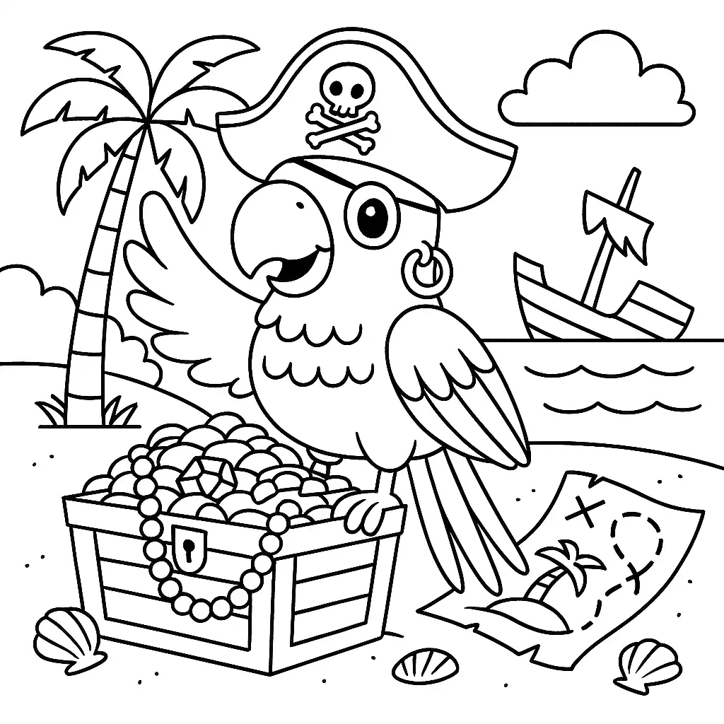 Pobierz PDF Papuga pirata z kufrem skarbow darmowa kolorowanka do druku
