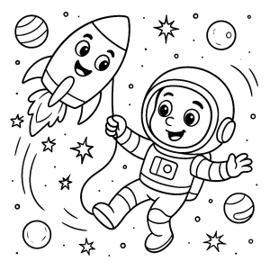 Kolorowanka do druku – Astronauta leci z rakietą jak z latawcem (PDF)