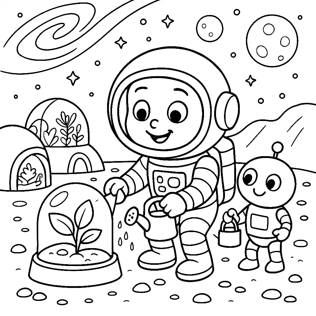 Pobierz PDF astronauta podlewa rosliny na obcej planecie darmowa kolorowanka do druku