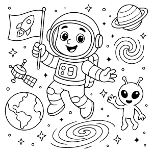 Kolorowanka do druku – Astronauta w kosmosie z kosmitą (PDF)