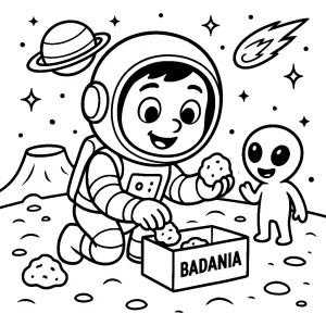 Kolorowanka do druku – Astronauta zbiera próbki i spotyka kosmitę (PDF)