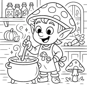 Pobierz PDF elf kucharz gotuje magiczna zupe w lesnej kuchni darmowa kolorowanka do druku
