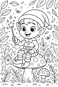 Kolorowanka do druku – Elf na grzybku w zaczarowanym lesie (PDF)
