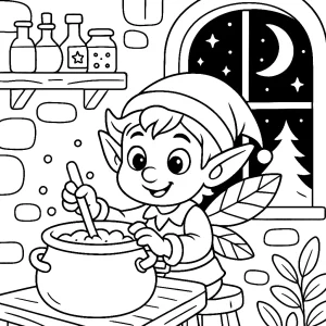 Kolorowanka do druku – Elf przygotowujący miksturę w leśnej chatce (PDF)