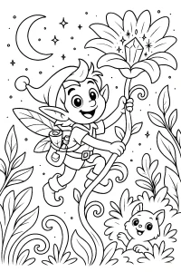Kolorowanka do druku – Elf wspinający się po roślinie do magicznego kwiatu (PDF)