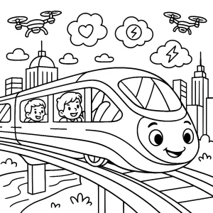 Kolorowanka do druku – Futurystyczny pociąg magnetyczny nad miastem (PDF)