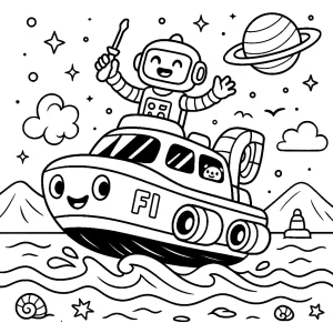 Kolorowanka do druku – Futurystyczny statek z robotem nad wodą (PDF)
