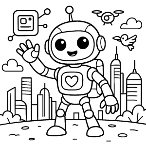 Kolorowanka do druku – Humanoidalny robot w futurystycznym mieście (PDF)