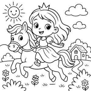 Pobierz PDF krolewna na koniku w bajkowej scenerii darmowa kolorowanka do druku