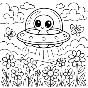 Małe, urocze UFO nad tęczową łąką Kolorowanka do druku – Małe, urocze UFO nad tęczową łąką (PDF)