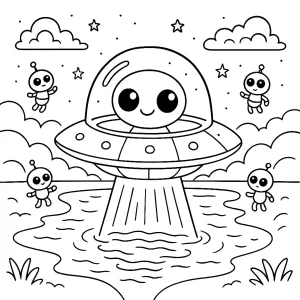 Kolorowanka do druku – Małe, wesołe UFO nad tajemniczym jeziorem (PDF)