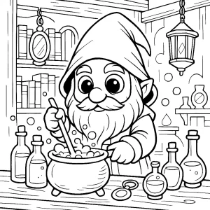 Kolorowanka do druku – Mały krasnolud alchemik przy stole (PDF)