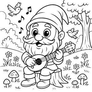 Kolorowanka do druku – Mały krasnolud bard na polanie (PDF)