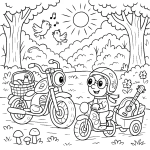 Kolorowanka do druku – Motocykle na pikniku w lesie (PDF)