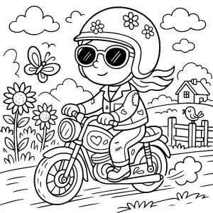 Pobierz PDF motocyklistka jadaca przez wies darmowa kolorowanka do druku