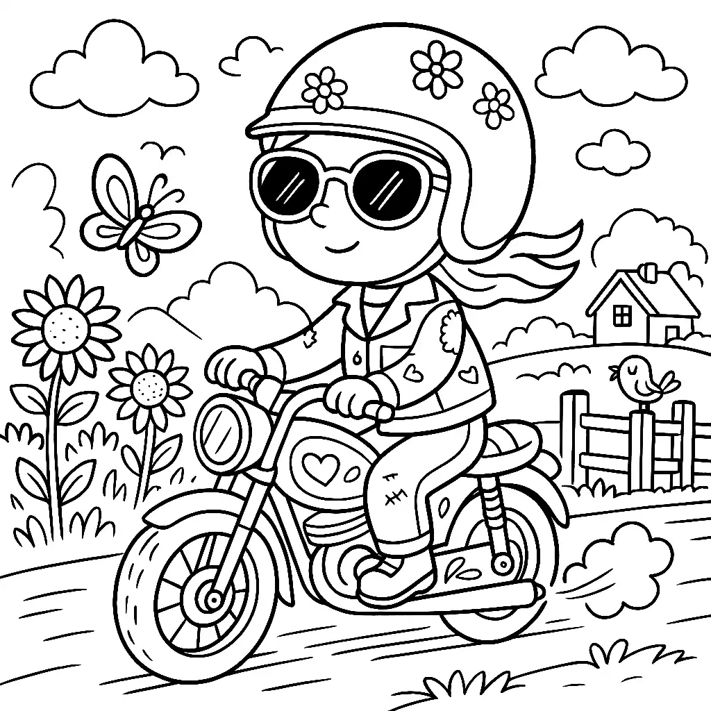 Pobierz PDF motocyklistka jadaca przez wies darmowa kolorowanka do druku