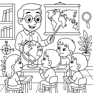 Kolorowanka do druku – Nauczyciel geografii pokazuje dzieciom globus (PDF)