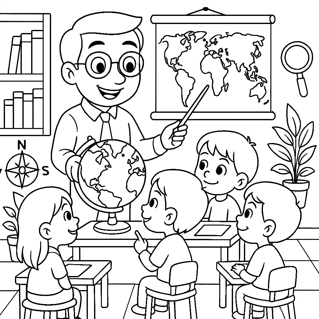 Pobierz PDF nauczyciel geografii pokazuje dzieciom globus darmowa kolorowanka do druku