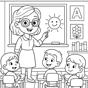 Pobierz PDF nauczycielka wesolo uczy dzieci w klasie darmowa kolorowanka do druku