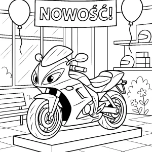 Kolorowanka do druku – Nowy motocykl na wystawie w salonie (PDF)