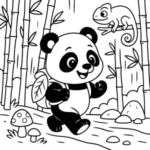 Kolorowanka do druku - Panda w bambusowym lesie z plecakiem (PDF)