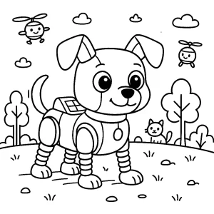 Pobierz PDF piesek robot w futurystycznym parku darmowa kolorowanka do druku