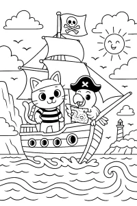 Piracki statek z kotem i papugą Kolorowanka do druku – Piracki statek z kotem i papugą (PDF)