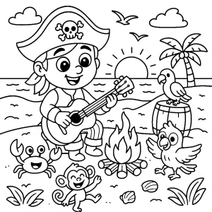 Pirat gra na gitarze przy ognisku Kolorowanka do druku – Pirat gra na gitarze przy ognisku (PDF)