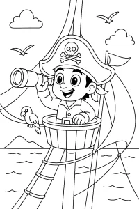 Kolorowanka do druku – Pirat wypatruje lądu z masztu (PDF)