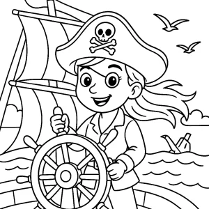 Kolorowanka do druku – Piratka za sterem statku (PDF)