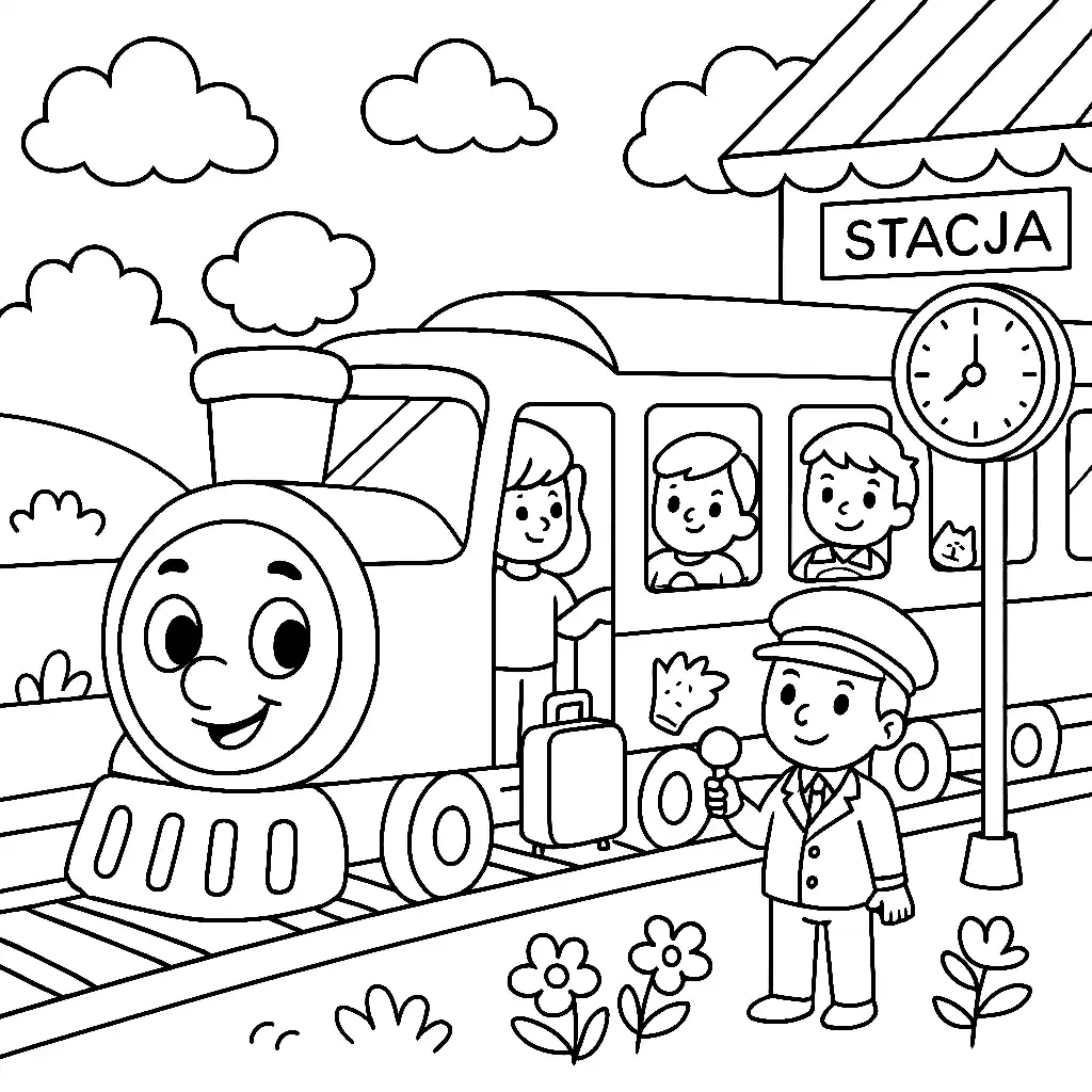 Pobierz PDF pociag na stacji z konduktorem i dziecmi darmowa kolorowanka do druku