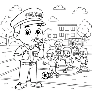 Policjant na boisku szkolnym Kolorowanka do druku – Policjant na boisku szkolnym (PDF)