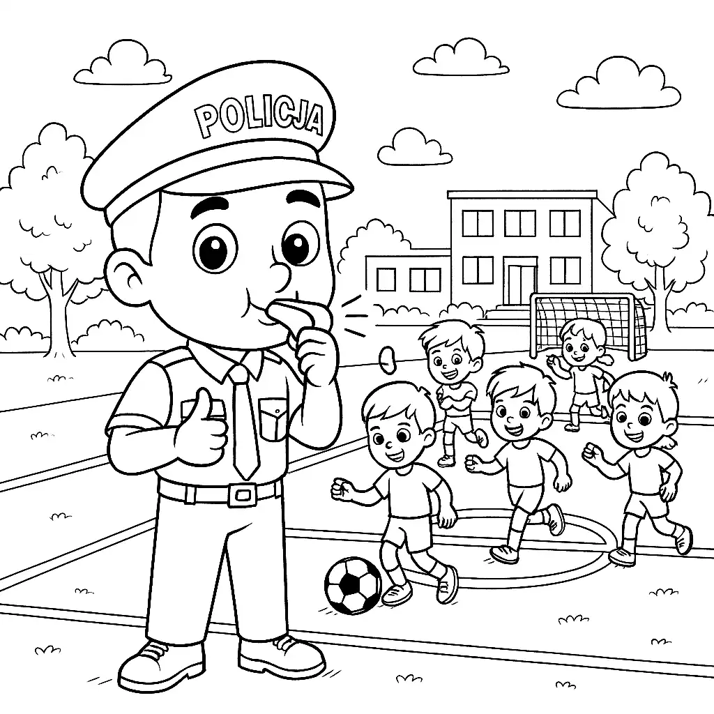 Pobierz PDF policjant na boisku szkolnym darmowa kolorowanka do druku