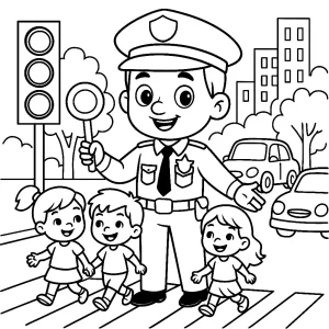 Kolorowanka do druku – Policjant pomaga dzieciom na przejściu (PDF)