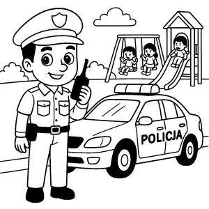 Kolorowanka do druku – Policjant przy placu zabaw (PDF)