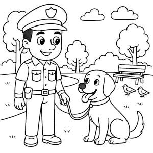 Kolorowanka do druku – Policjant z psem tropiącym w parku (PDF)