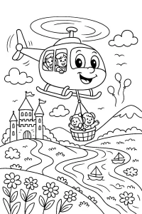 Kolorowanka do druku – Radosny helikopter turystyczny nad zamkiem (PDF)