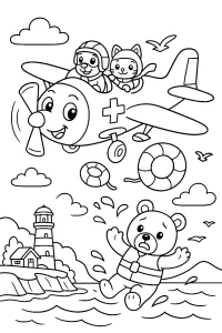 Kolorowanka do druku – Ratunkowy samolot ratuje misia w wodzie (PDF)