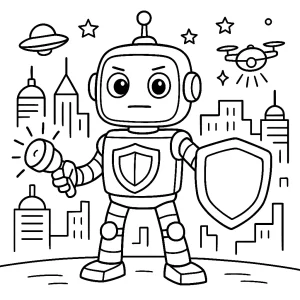 Kolorowanka do druku – Robot strażnik chroniący miasto (PDF)