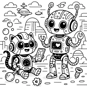 Pobierz PDF roboty z przyszlosci w futurystycznym miescie darmowa kolorowanka do druku