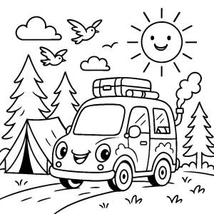 Kolorowanka do druku – Samochód kempingowy na leśnej polanie (PDF)
