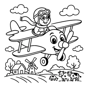 Kolorowanka do druku – Samolot nad wsią z uśmiechniętym pilotem (PDF)