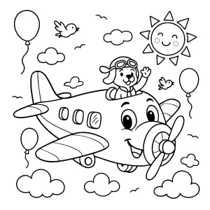 Kolorowanka do druku – Samolot z uśmiechniętym pilotem pieskiem (PDF)