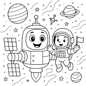 Pobierz PDF stacja kosmiczna z astronauta darmowa kolorowanka do druku