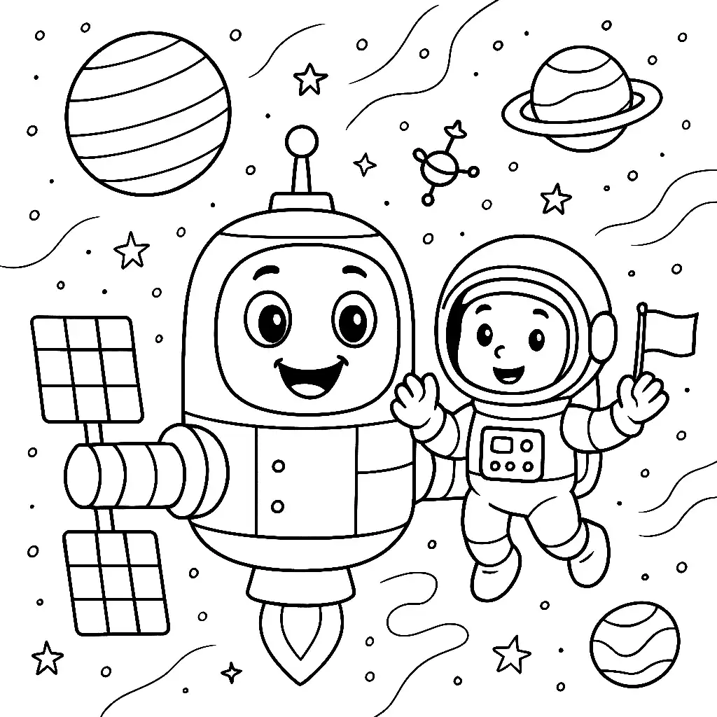 Pobierz PDF stacja kosmiczna z astronauta darmowa kolorowanka do druku