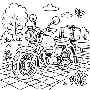 Kolorowanka do druku – Stary motocykl na parkingu w parku (PDF)