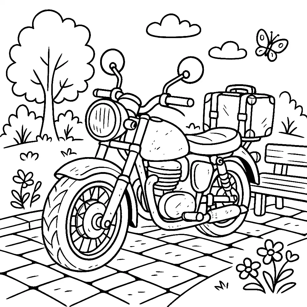 Pobierz PDF stary motocykl na parkingu w parku darmowa kolorowanka do druku