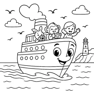 Kolorowanka do druku – Statek wycieczkowy z pasażerami na morzu (PDF)