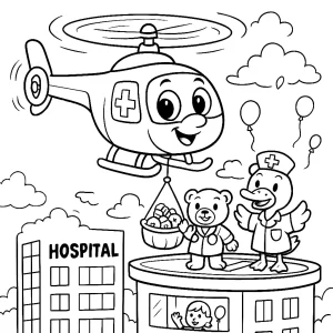 Kolorowanka do druku – Sympatyczny helikopter medyczny nad szpitalem dziecięcym (PDF)