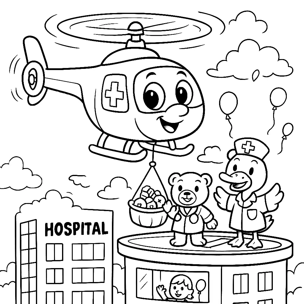 Pobierz PDF sympatyczny helikopter medyczny nad szpitalem dzieciecym darmowa kolorowanka do druku
